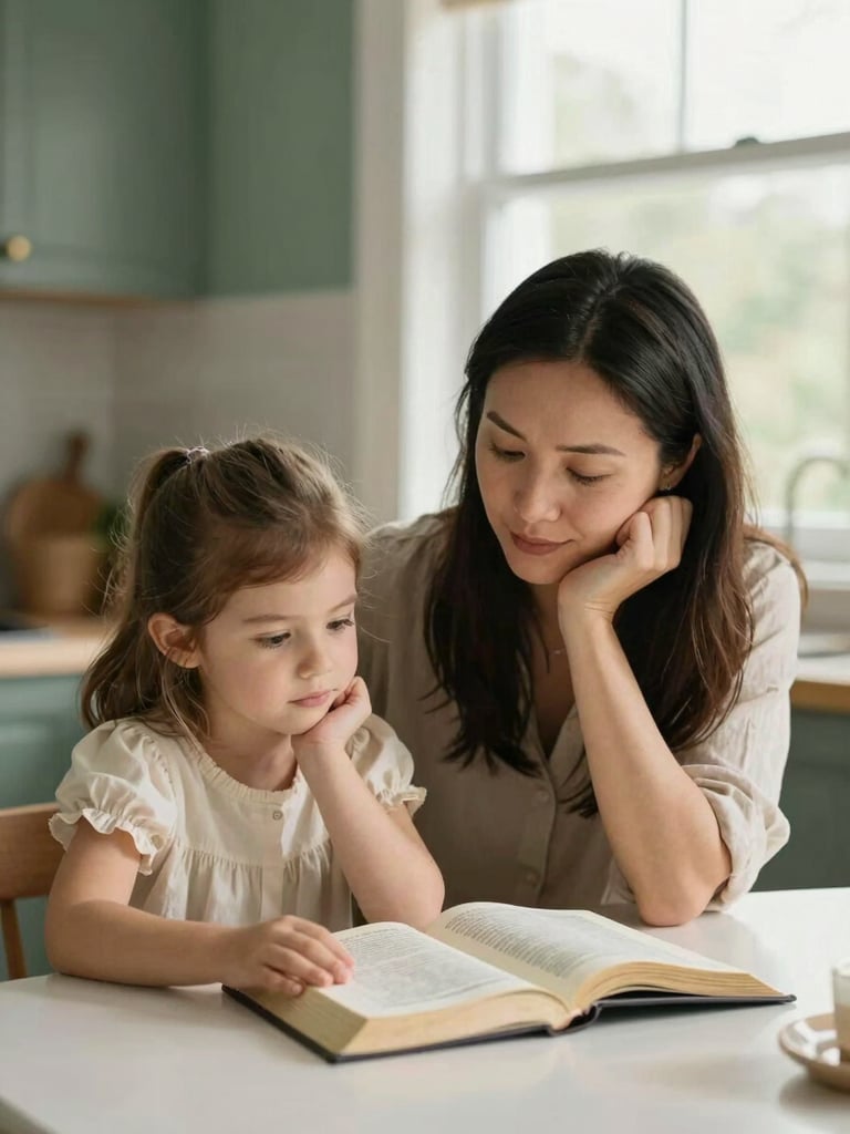 A candid medium shot of a mother and her young daughter sitting at a bright kitchen table, looking thoughtfully at an open Bible together in soft morning light.