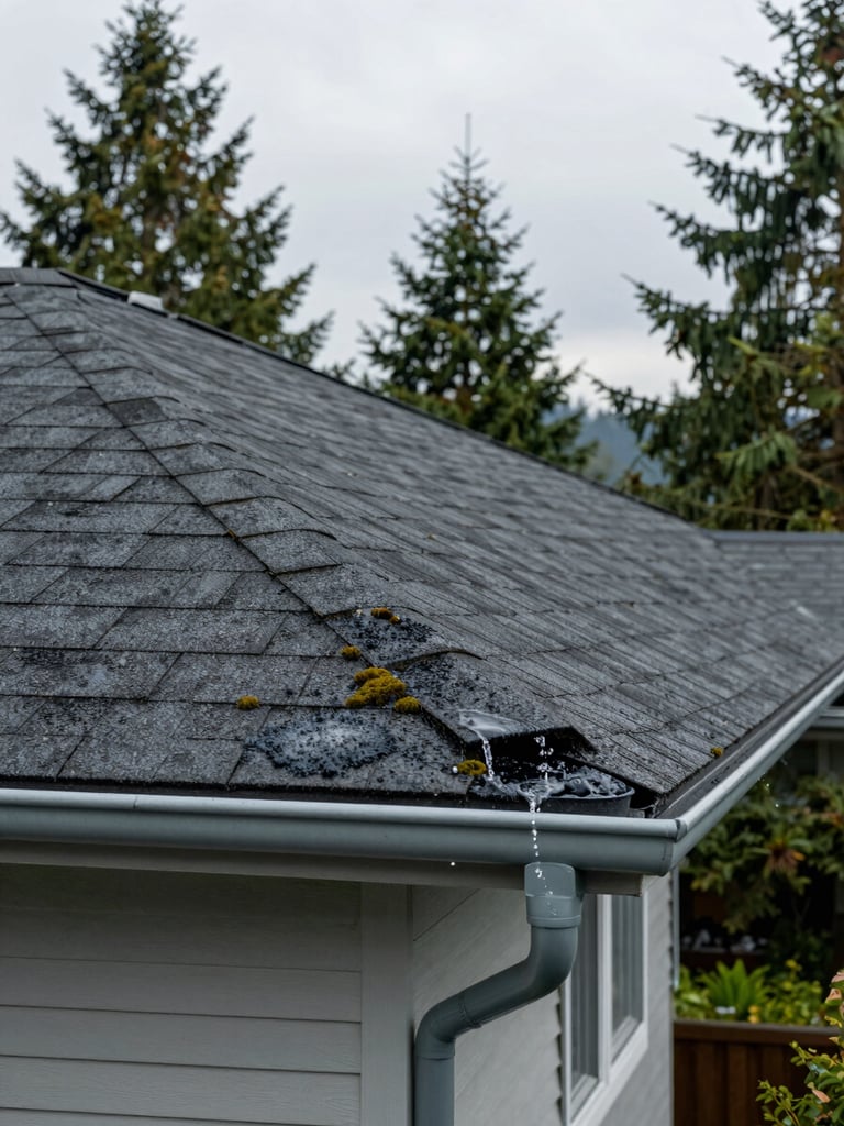 Ground-level wide shot looking up at a residential roofline and gutter in Nanaimo, BC, overcast daylight, dark asphalt shingles with moss removal visible, clear water running from clean downspout, surrounding fir trees in soft background, no people or equipment