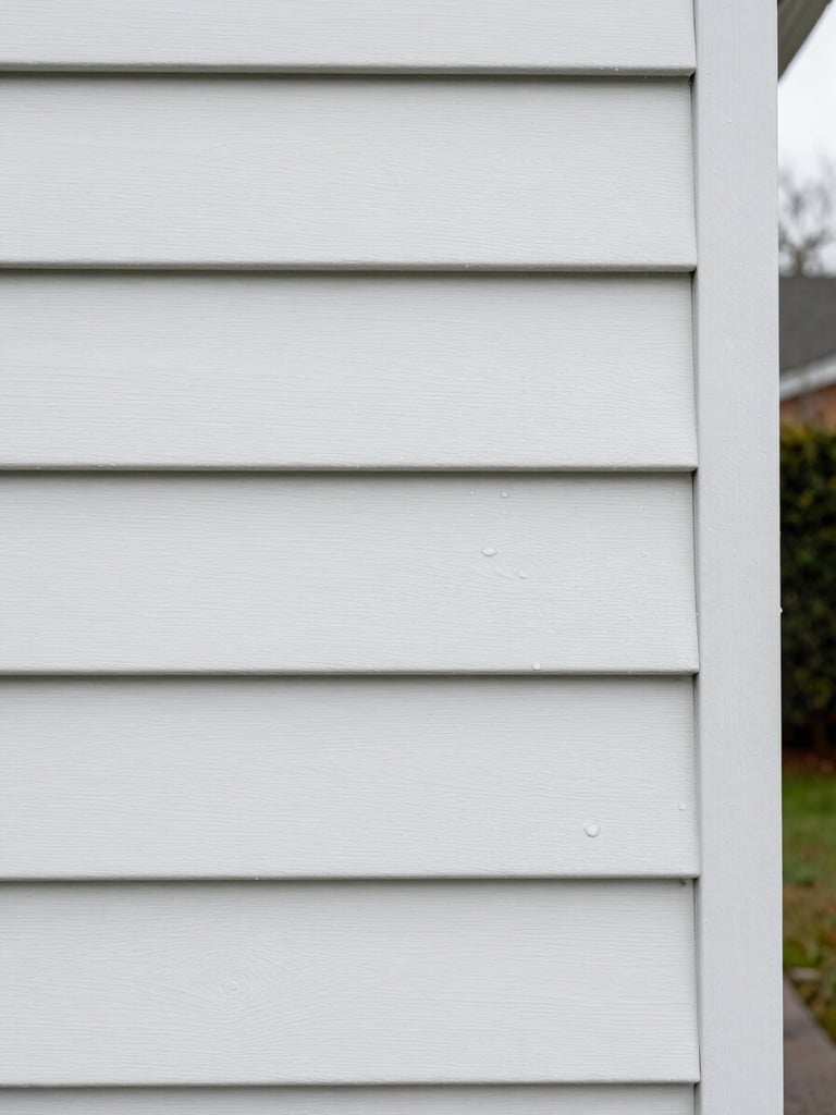 Close-up straight-on shot of freshly cleaned white vinyl house siding, overcast daylight, water beading on the surface showing texture and grain, surrounding cedar hedge blurred softly in background, no people or equipment