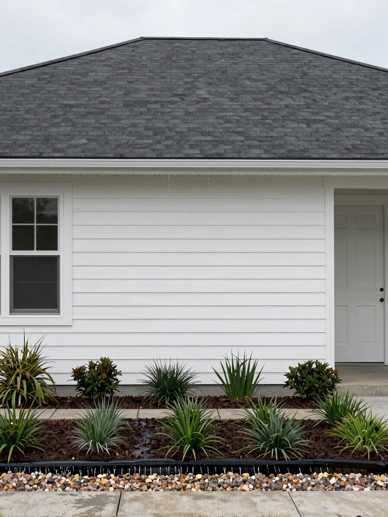 Straight-on elevation of a residential home exterior in soft overcast daylight, dark grey roof visible at top, clean white fascia and siding, surrounding garden beds with low ground cover intact and undisturbed, water running clear off the eave edge into a gravel border