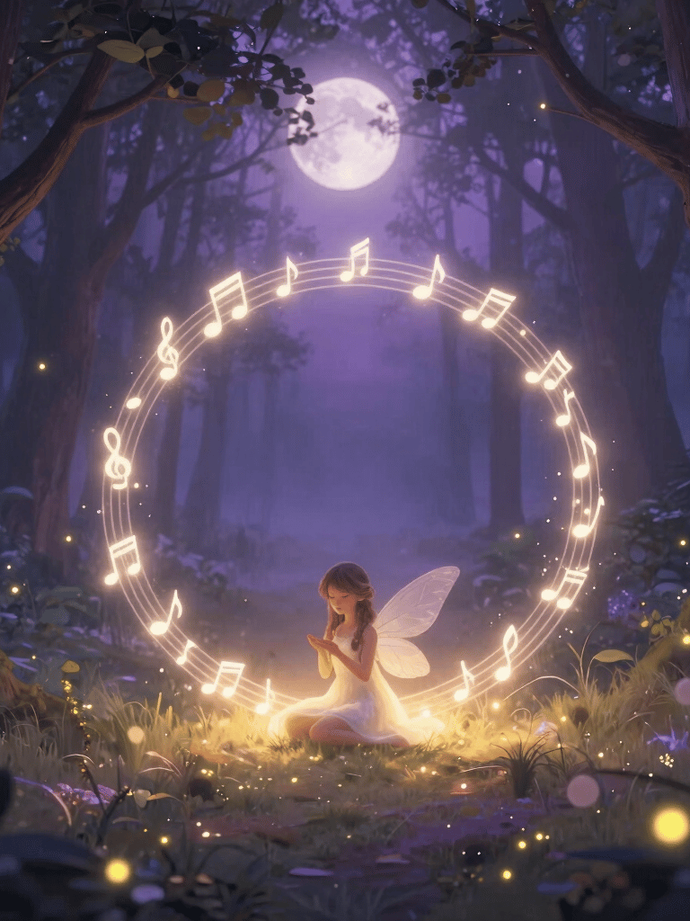 Close-up of a beautifully illustrated children's music book open on a wooden table, showing simple musical notes and watercolor fairy drawings.