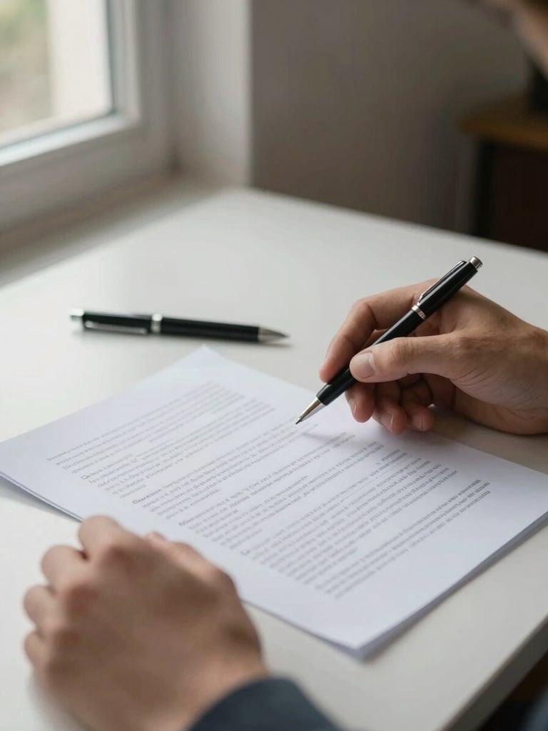 Close-up of two hands reviewing a printed document on a plain desk, natural window light from the left, a pen resting beside the papers, no faces visible, quiet and unhurried atmosphere