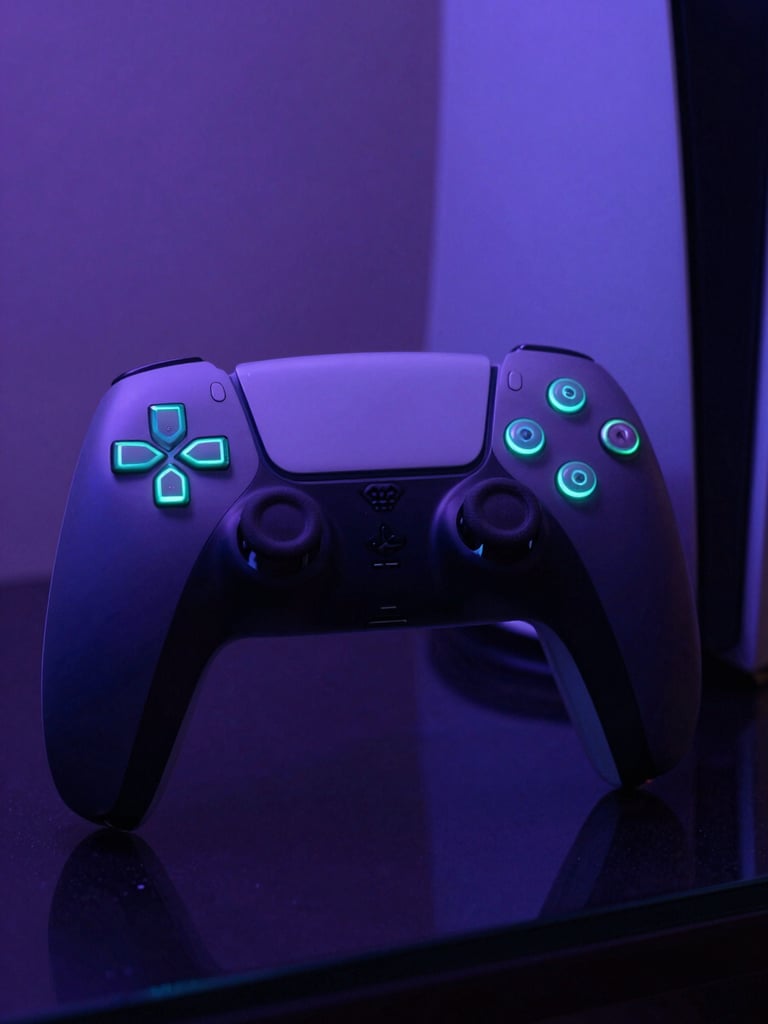 Close-up of a custom matte-black PlayStation 5 controller with glowing neon cyan LEDs resting on a dark reflective glass surface, moody low-key ambient lighting, purple undertones.