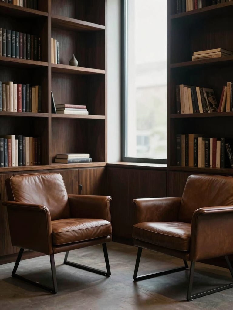 A quiet, minimalist consultation office with dark wood bookshelves, soft window light, and two empty leather chairs facing each other in quiet dialogue.