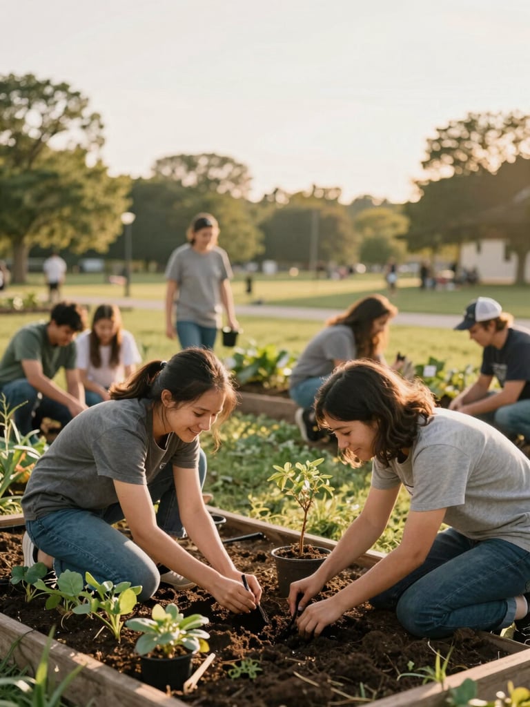 A small group of smiling local volunteers planting a community garden in a peaceful Indiana park, soft golden-hour light, warm editorial style.