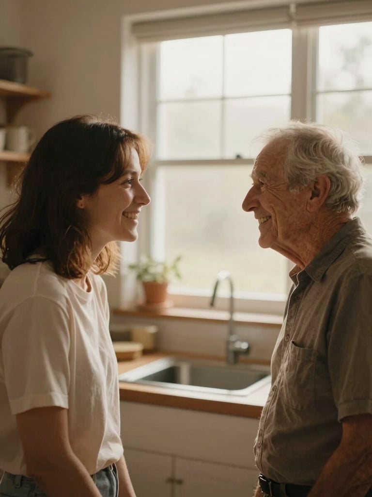 Candid side-profile of a friendly volunteer and a senior citizen smiling together in a cozy kitchen, warm overcast daylight, soft earthy tones, warm editorial photography, shallow depth of field, 35mm film.