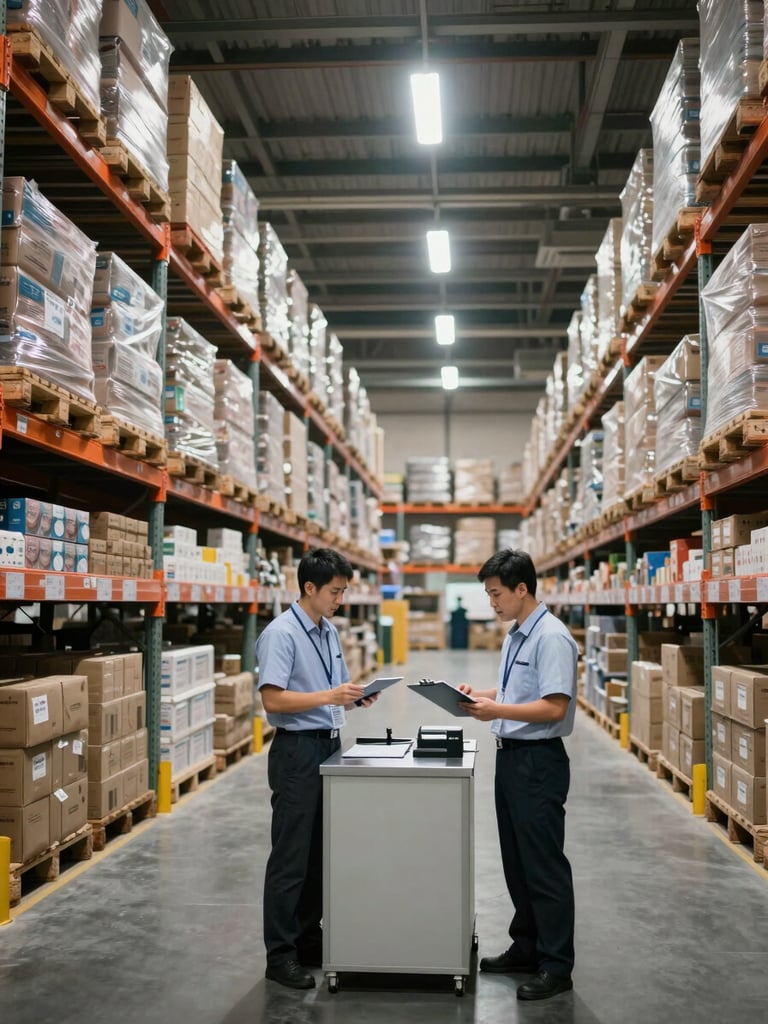 Wide-angle warehouse interior, organized pallets of boxed goods under industrial overhead lighting, a quality-control officer reviewing a clipboard at a checkpoint station in the foreground, rows of shelving extending into depth