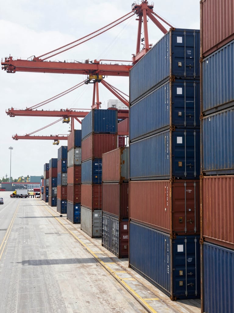 Wide shot of a busy commercial port at midday, stacked shipping containers in navy and rust filling the right two-thirds of frame, a cargo crane arm visible at upper edge, organized dock lanes receding into distance, bright overcast industrial light, no people
