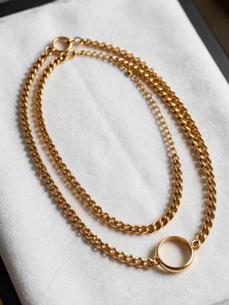Close-up overhead shot of tangled gold necklaces and rings laid on a white examination cloth under bright studio light, high contrast, metal details sharp and clear