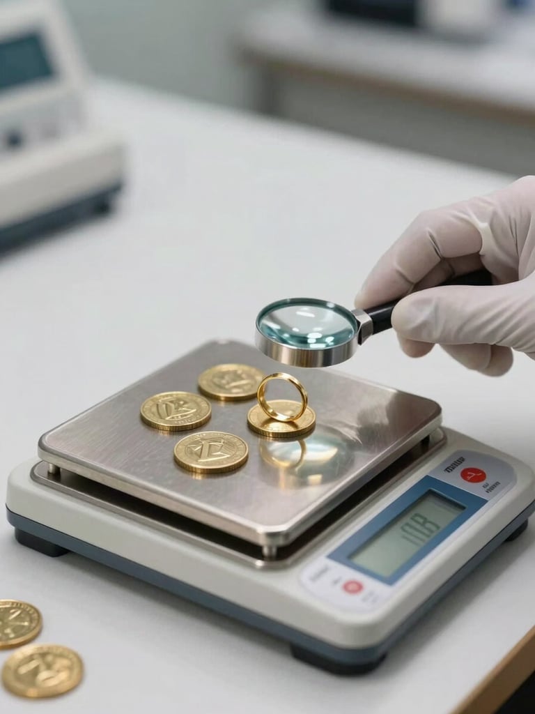 Close-up medium shot of a stainless steel certified scale with gold coins on the platform, a gloved hand steadying a loupe over a gold ring beside it, bright studio daylight balanced lighting, clean counter surface, institutional and precise
