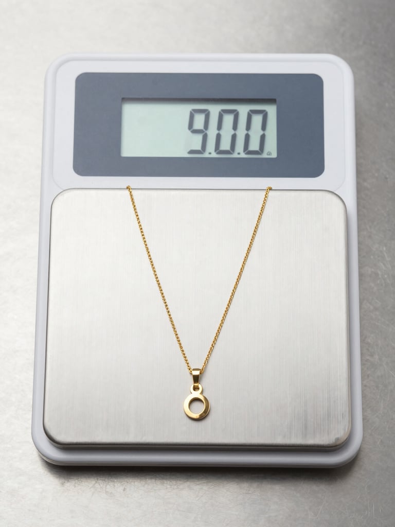 Close-up overhead shot of a certified digital scale displaying a precise gram reading, a gold necklace resting on the weighing platform, clean stainless surface, bright professional studio lighting, no shadows