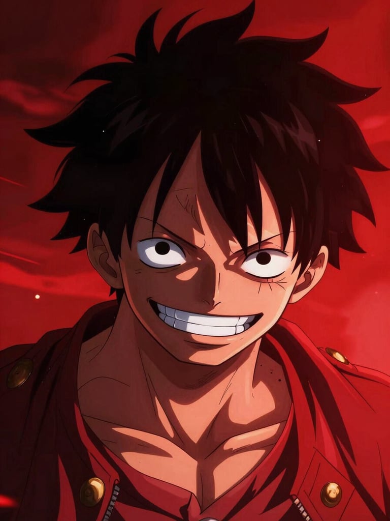Dynamic high-contrast anime key art of Luffy smiling confidently, dramatic neon red lighting, deep shadows, sharp digital illustration.