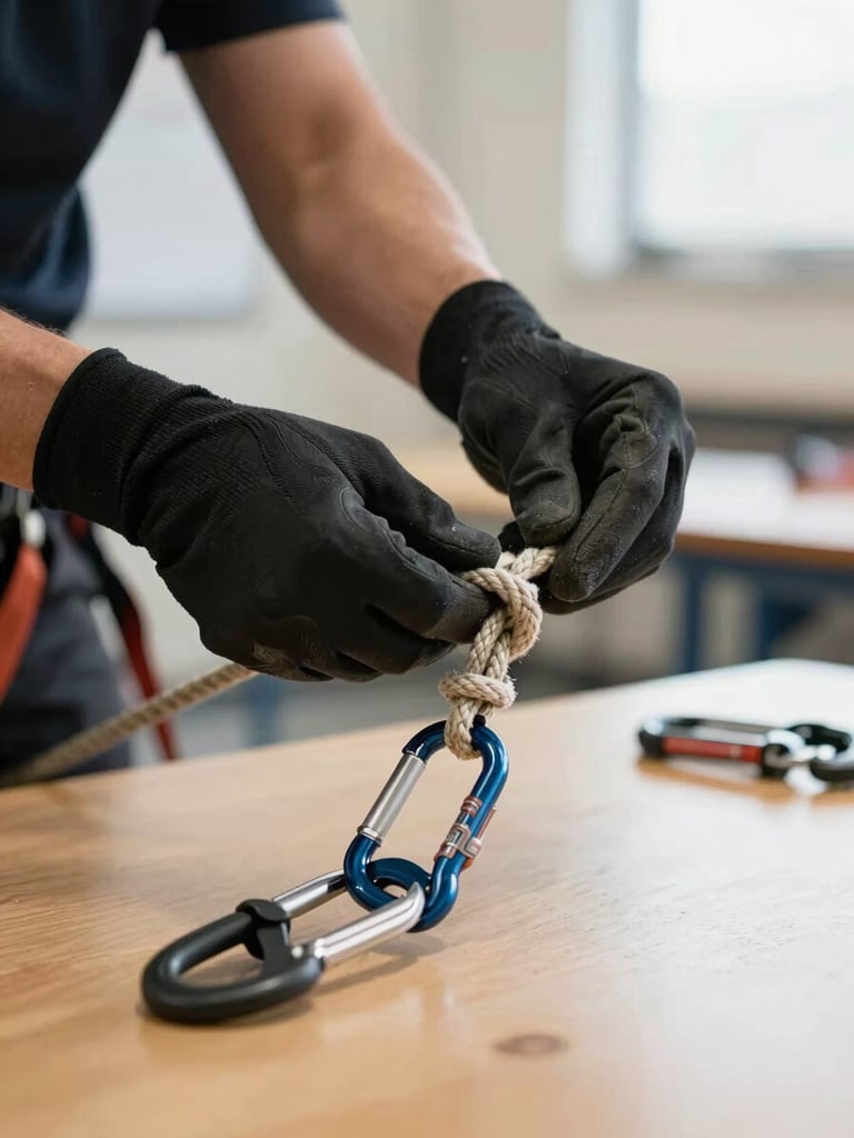 Close-up of an instructor's hands demonstrating rope knot technique on a rigging table, full PPE gloves visible, carabiner and anchor hardware in foreground, bright studio lighting on equipment detail, classroom environment visible softly in background