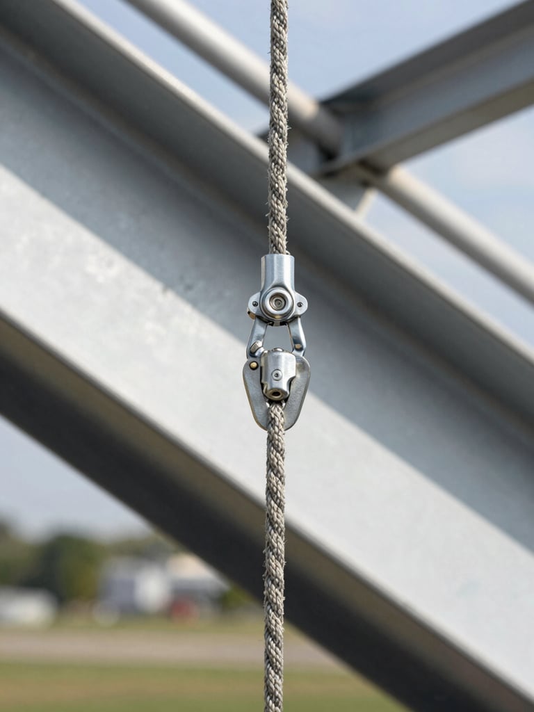 Close-up overhead shot of a rope access anchor point setup on an industrial steel beam, kernmantle rope threaded through a certified anchor device, natural north-facing daylight, sharp focus on hardware detail