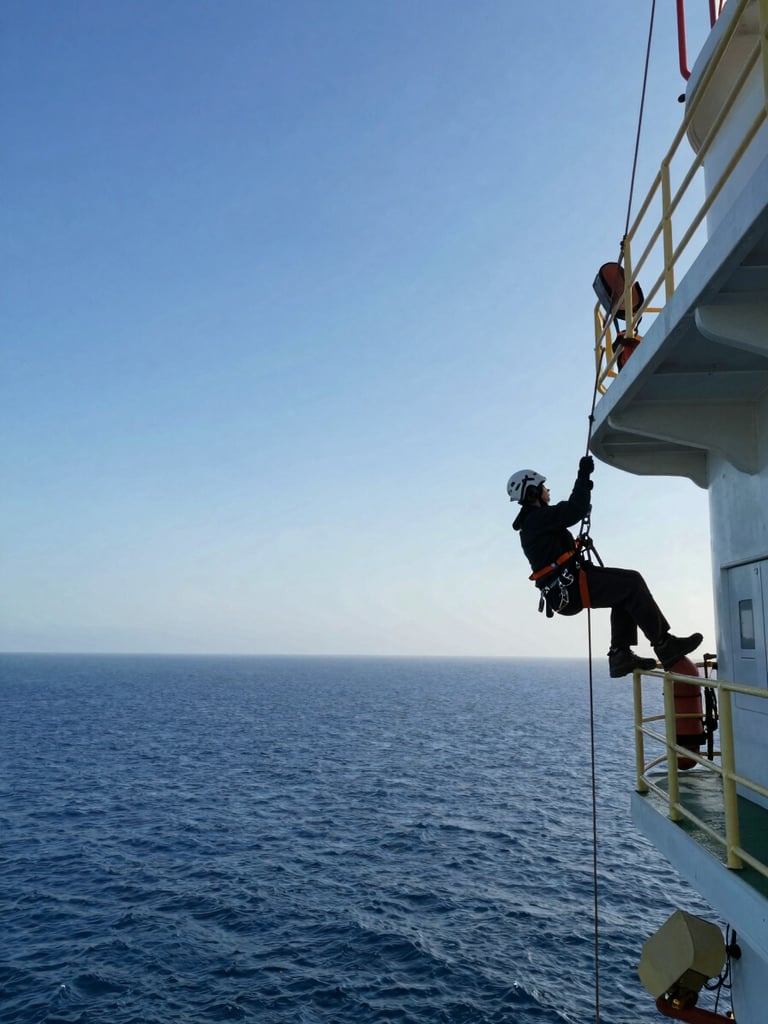 Wide panoramic offshore platform deck at midday, rope access technician secured to railing on the right quarter of frame performing structural inspection, sea horizon visible in background, high contrast natural daylight, documentary framing with generous sky