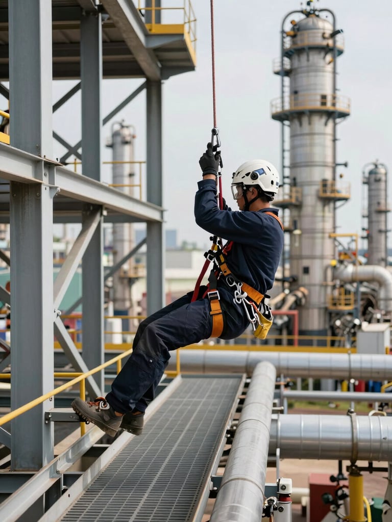 Wide environmental shot of a rope access technician in full harness descending a large industrial structure at a refinery, natural daylight from the north, steel grating and pipe runs visible in background, precise hand positioning on descender device in sharp foreground focus