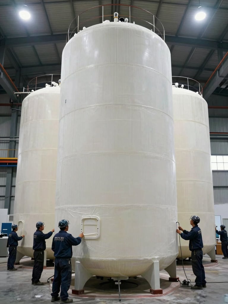 Wide environmental shot of an ETE fiberglass tank assembly in progress inside an industrial workshop, technicians positioning large cylindrical sections under bright studio overhead lighting, visible structural ribbing and raw fiberglass layers