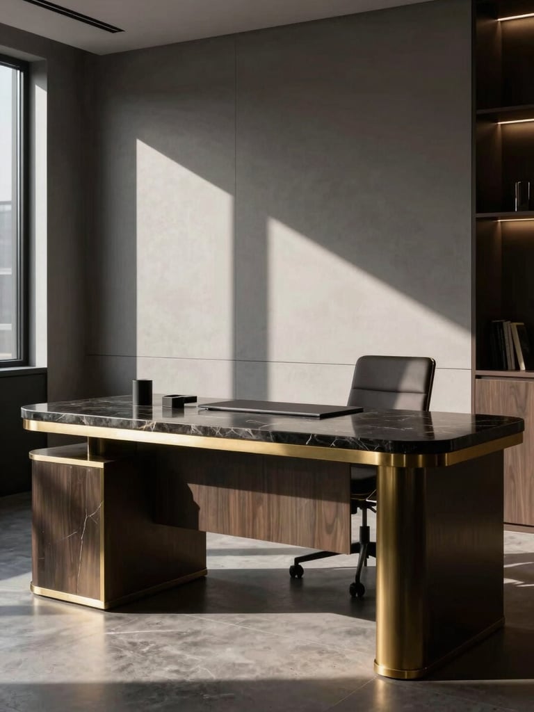 Dramatic chiaroscuro photograph of a modern private office interior, dark marble desk, brushed brass details, single directional light casting deep shadows, architectural geometry.