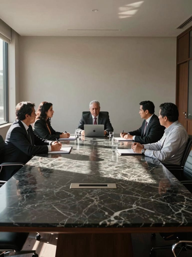 Wide shot of a sober, high-contrast Mexican corporate boardroom in Santa Fe, natural daylight casting deep shadows on a dark marble table, clean architectural lines.