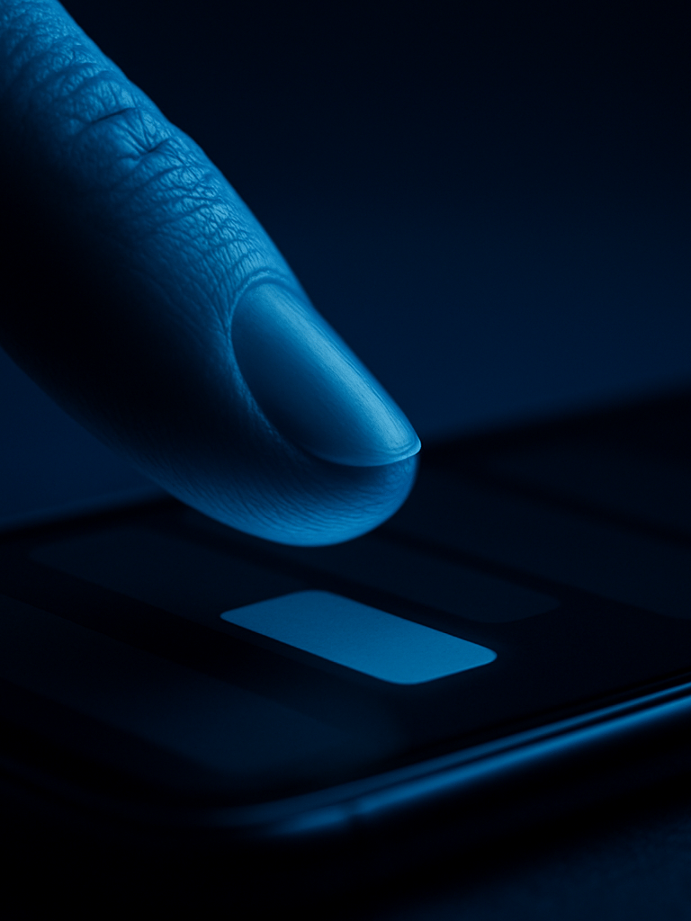 Extreme close-up macro shot of a hand tapping a high-contrast dark-mode interface on a smartphone screen, sharp shadows, deep blue studio lighting