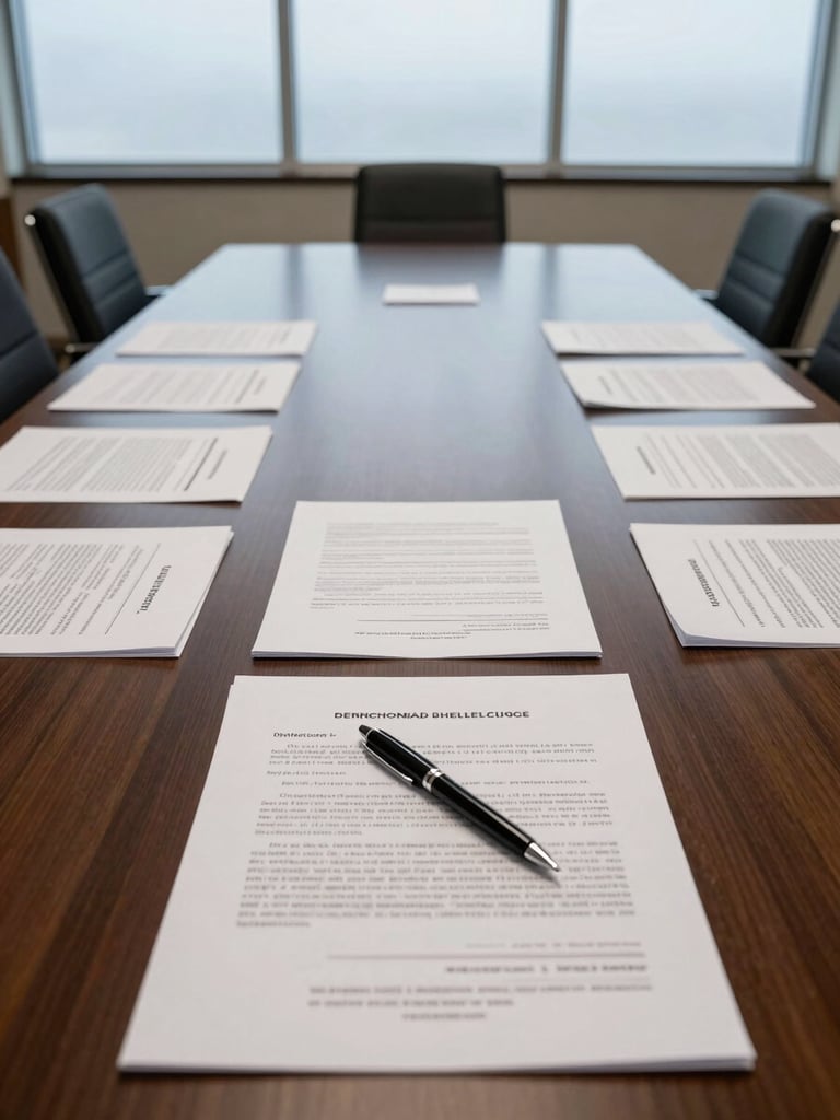 Panoramic view across a long boardroom table with term sheets and bound deal documents arranged neatly, a single pen resting on the top page, cool diffuse light from a wall of frosted institutional windows, no people