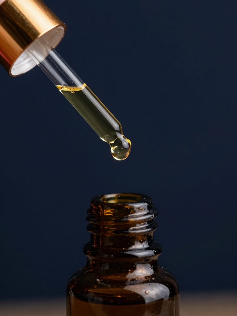 Macro close-up of dark glass essential oil bottle with gold dropper, dramatic low-key studio lighting, deep navy background, sharp focus on golden oil droplet
