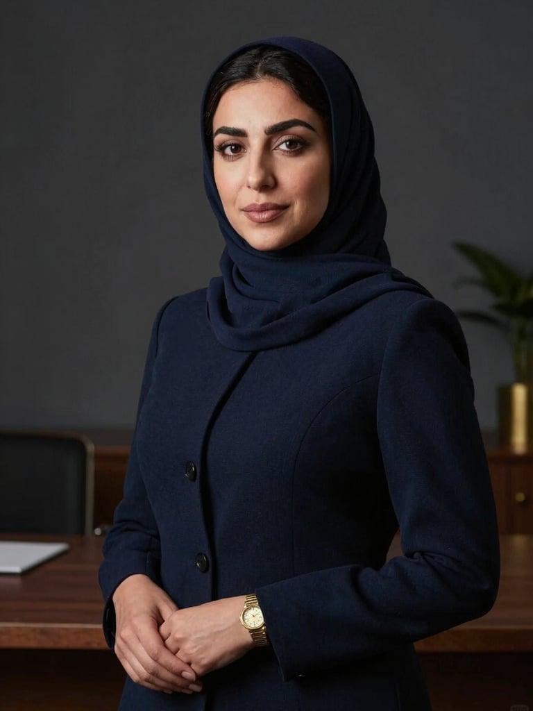 Elegant professional portrait of founder Amina Driouech in a clean academic setting, low-key lighting, deep navy tones, gold accents