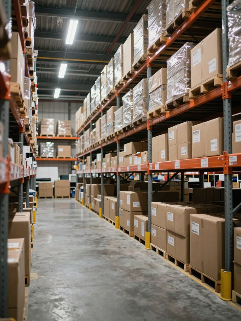Wide interior shot of an organised warehouse — tall metal shelving units stacked with labelled cardboard boxes, cool overhead fluorescent lighting, clean concrete floor, no people, depth of field showing scale of operation