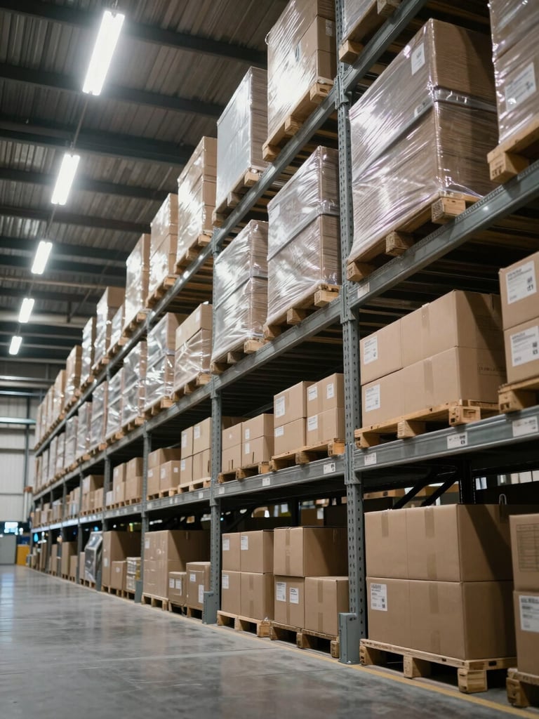 Wide interior of a large UK warehouse, low angle looking down a long aisle of steel shelving stacked with sealed cardboard boxes under cool overhead fluorescent light, inventory in sharp focus, no people