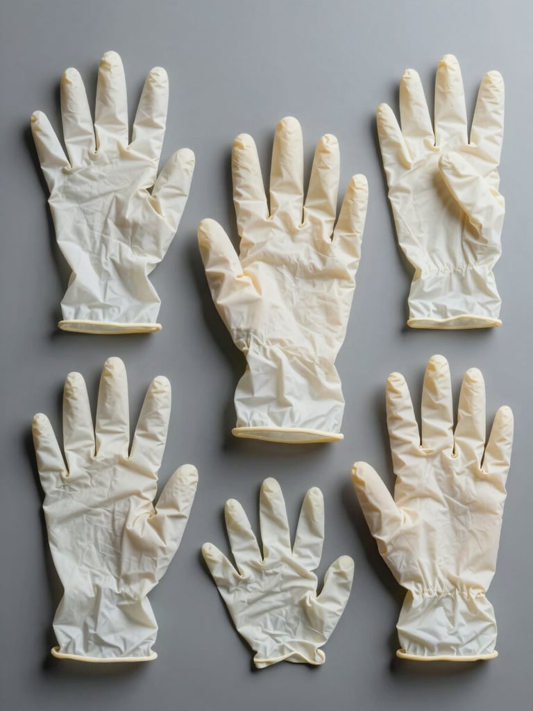 Overhead flat-lay of nitrile and vinyl examination gloves in multiple sizes arranged on a neutral grey surface, cool studio lighting, tight product study