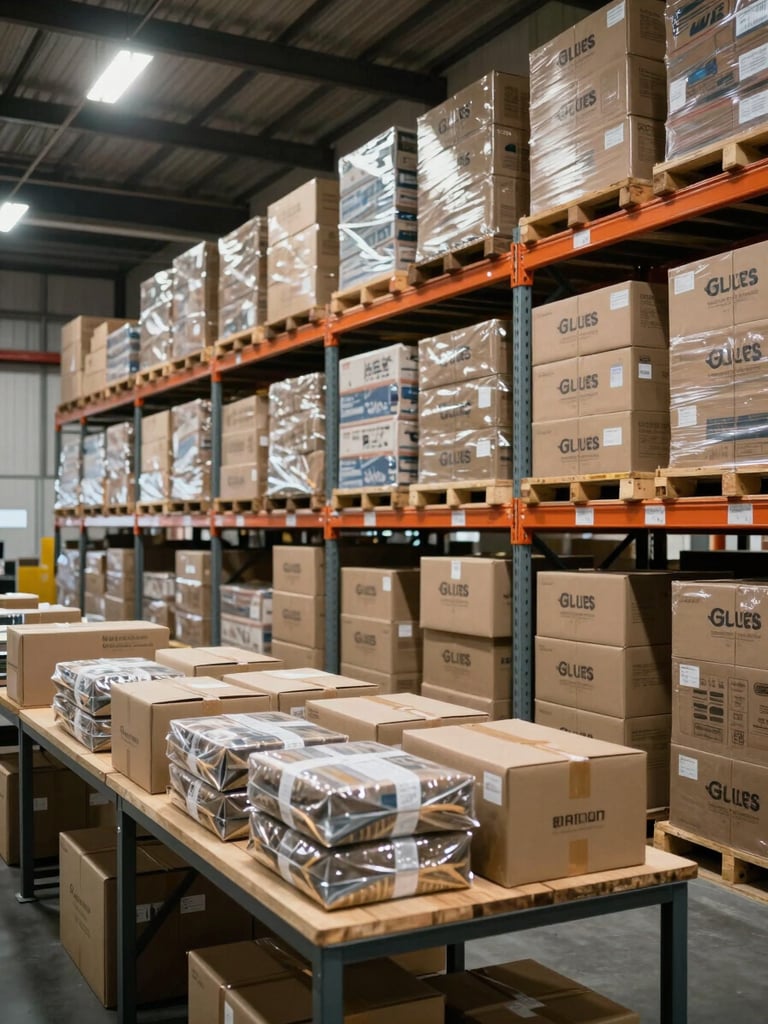 Wide-angle interior of an organised fulfilment warehouse, rows of branded boxes stacked on steel shelving under cool overhead lighting, a packing bench in the foreground with sealed parcels ready for dispatch, no people visible