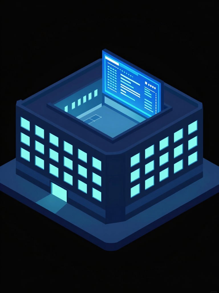 isometric 3D render of a school building with glowing neon blue windows and a digital dashboard overlay, dark-mode vector style