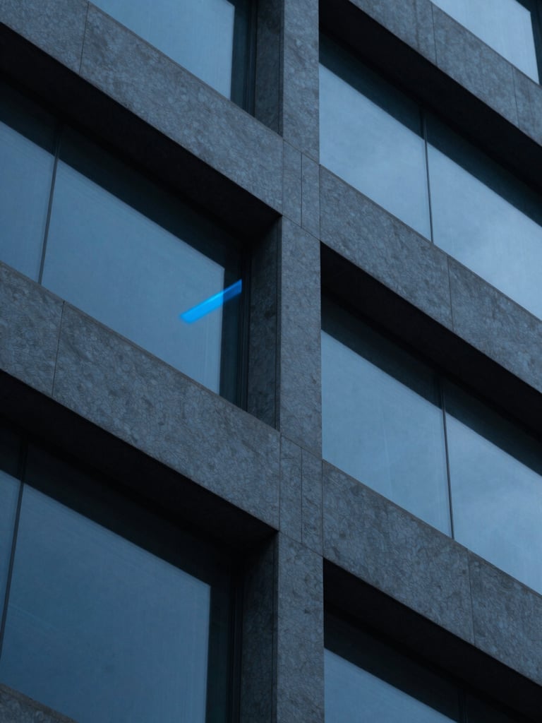 Macro shot of complex geometric architectural lines, sharp glass reflections, cool-toned deep blue and slate gray shadows, crisp directional laser-blue highlight, 35mm editorial photography.
