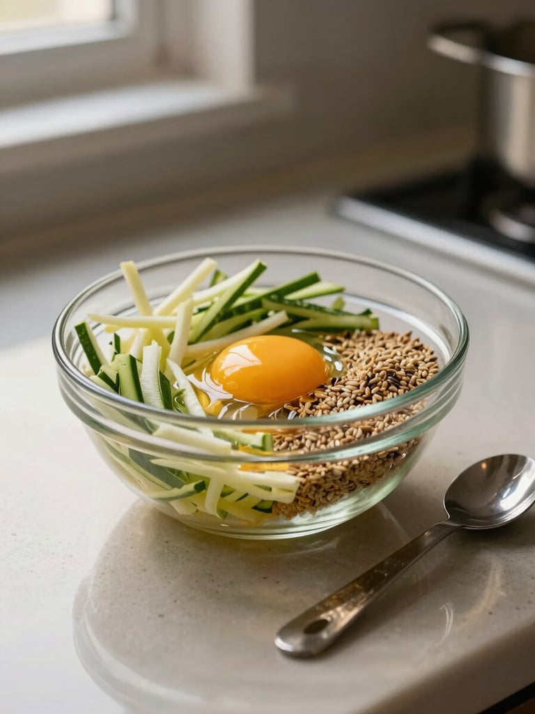 Close-up of a small glass bowl of raw whole-food ingredients — grated vegetables, a raw egg yolk, ground seeds — on a kitchen counter under warm window light, a measuring spoon resting beside the bowl