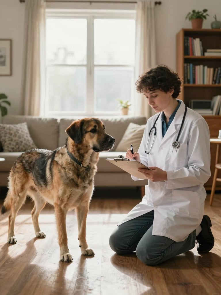 Wide environmental shot of a veterinarian kneeling beside a large dog in a home living room, taking notes on a clipboard, natural afternoon light through a window, bookshelves visible in the background, calm domestic atmosphere