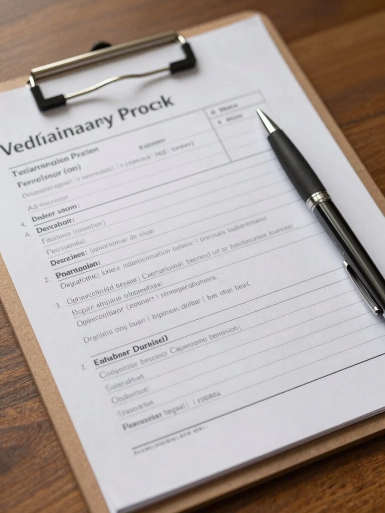 Overhead detail shot of a handwritten veterinary protocol chart on a clipboard, pen resting beside it, natural light falling across the paper, warm wooden table surface visible at the edges