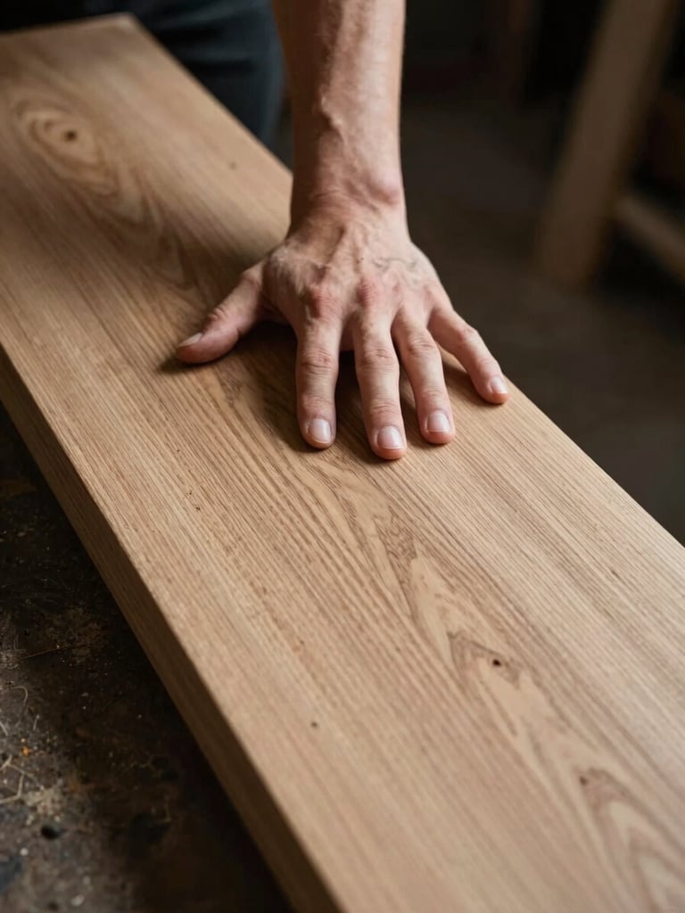 Close-up portrait frame, a hand resting on the face of a wide-plank oak board, cool north-facing studio light raking across the grain to reveal figure and pore detail, fingers spread slightly as if reading the surface, dark workshop background