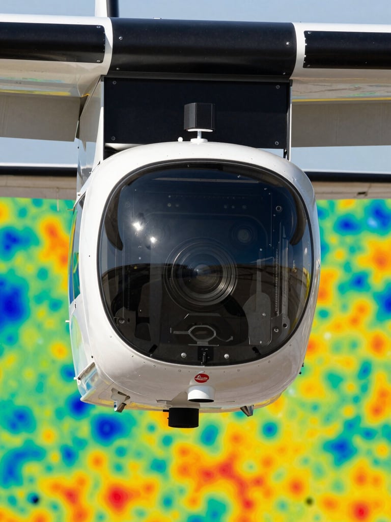 Top-down close-up of a Leica Terrain Mapper 1 airborne sensor pod, technical housing, clean glass optics, mounted inside a survey aircraft, high-contrast engineering lighting