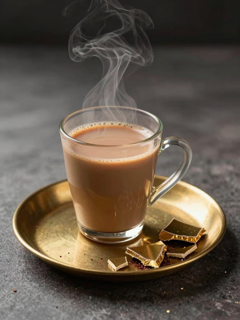 A steaming cup of traditional Pakistani spiced chai next to a small brass plate holding broken pieces of golden gur, warm moody lighting.