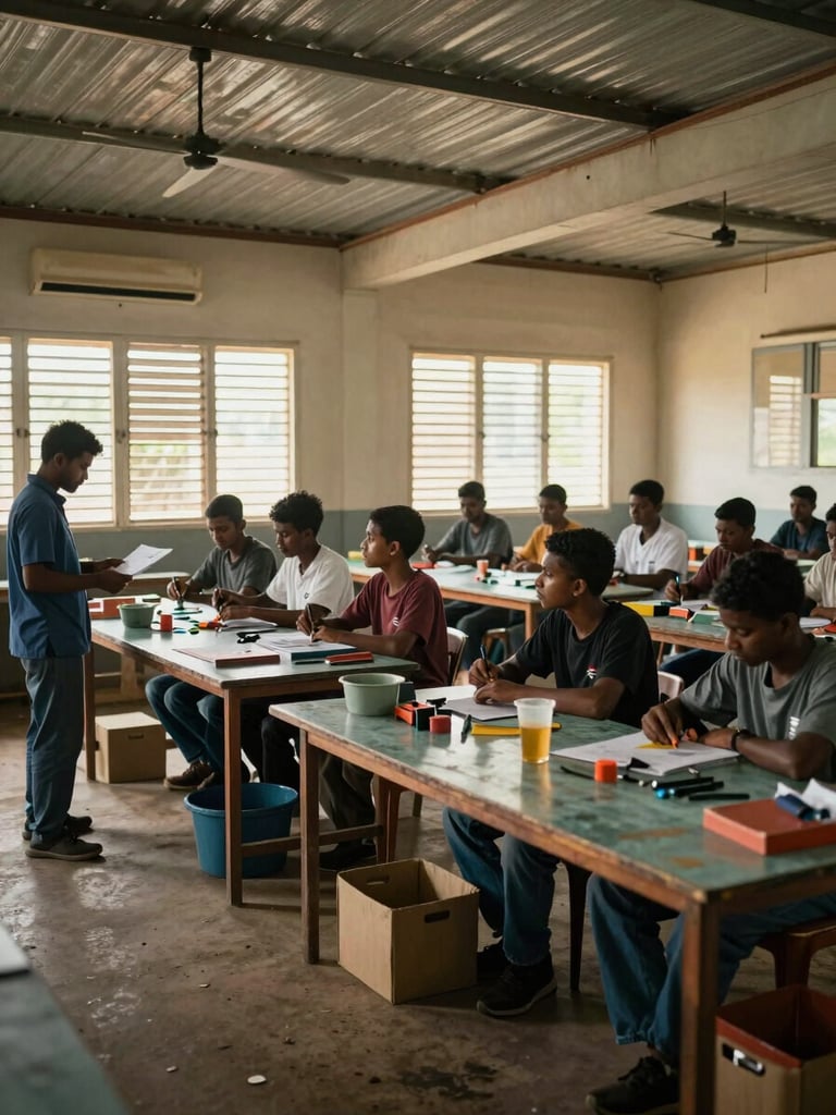 Wide environmental shot inside a vocational training workshop in Jaffna, participants seated at workbenches under natural light filtering through louvred windows, tools and materials visible on tables, instructor standing to the left reviewing a document — no posed faces, context-first framing