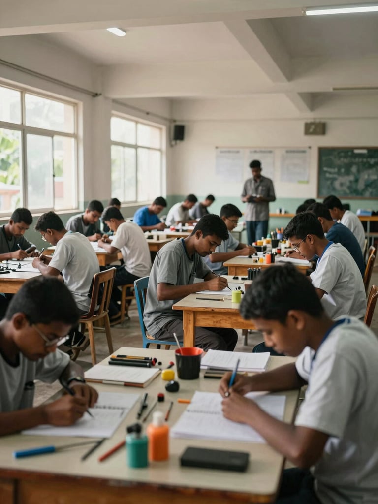 Wide environmental interior of a vocational training workshop in Jaffna, rows of trainees at workbenches engaged in hands-on skills instruction, natural daylight streaming through high windows from the left, instructor visible mid-distance, tools and materials on tables in the foreground