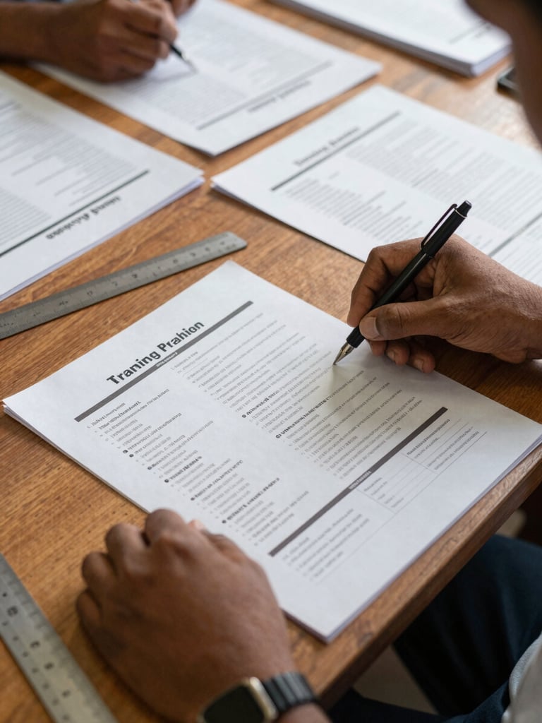 Close-up of hands arranging printed training curriculum sheets on a wooden table in a Jaffna community learning centre, natural ambient light, edge of a pen and a ruler visible, documentary framing