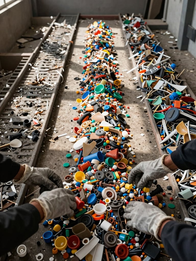 Close overhead documentary framing of a plastic sorting floor inside an Iraqi recycling facility, multiple material streams separated by type and color laid out on a concrete surface, two sets of gloved hands mid-sort in the foreground, natural daylight from high windows casting hard shadows across the material piles