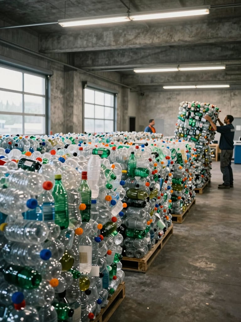 Wide facility shot inside Ecorootlab's sorting floor, stacked bales of compressed plastic bottles lined in rows along a concrete wall, a team member in work clothes lifting a bale in the background, harsh overhead fluorescent and natural sidelight from loading-bay doors, the environment raw and operational, no staging