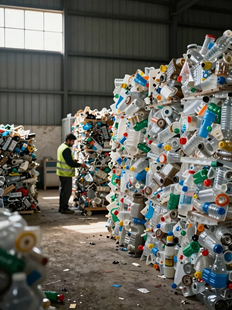 Wide panoramic view from inside a plastic recycling facility in Baghdad — sorted plastic bales stacked floor to ceiling on the right, a worker in a high-visibility vest moving material in the middle distance, corrugated metal walls and natural daylight streaming through a high window on the left. Documentary framing, no studio lighting, the industrial environment is the entire backdrop.