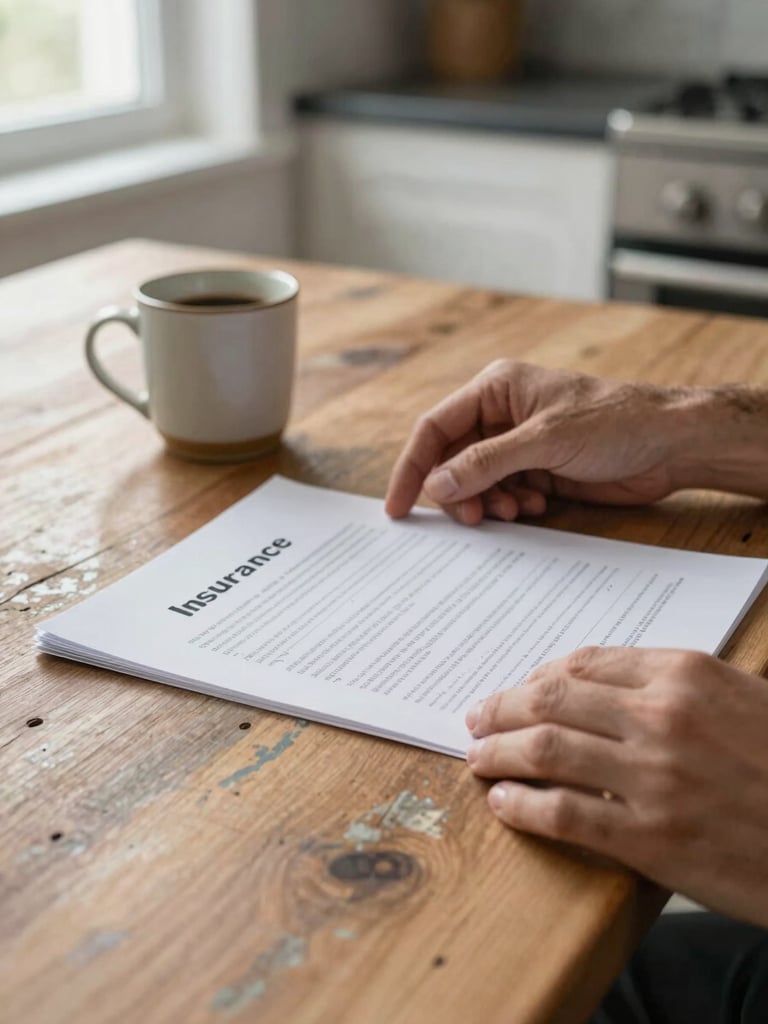 Close-up editorial frame, a pair of adult hands turning pages of an insurance policy document on a weathered kitchen table, a ceramic coffee mug beside the papers, soft natural morning light from an off-frame window, warm wood grain visible, shallow depth of field, no faces, generous negative space on the left