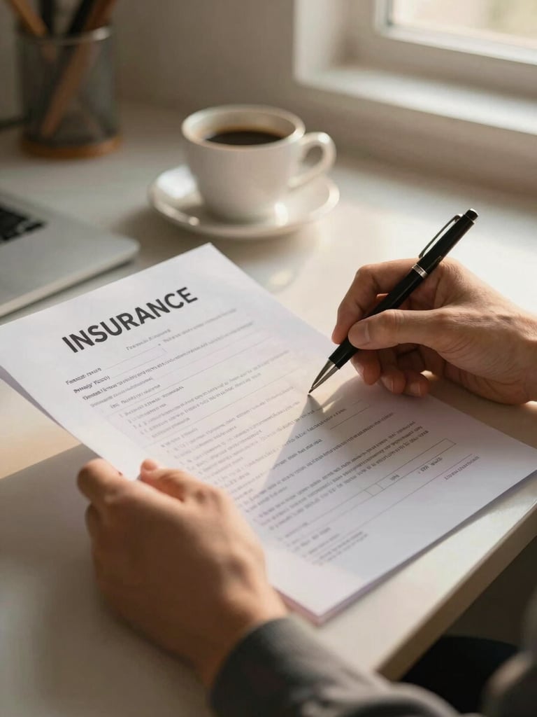 Close-up of hands on a kitchen table, one hand holding an insurance policy document, another reaching for a pen, warm golden-hour light from a nearby window, coffee cup softly blurred in the background