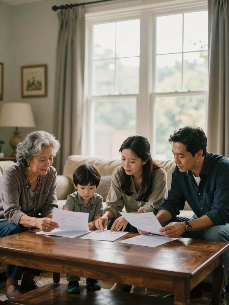 Wide editorial frame, a multi-generational family seated in a warmly lit living room — grandmother, parents, and a child — reviewing papers on a coffee table, natural north-facing daylight through large windows, soft depth of field, navy and warm wood tones, no faces in tight close-up, generous negative space on the left edge