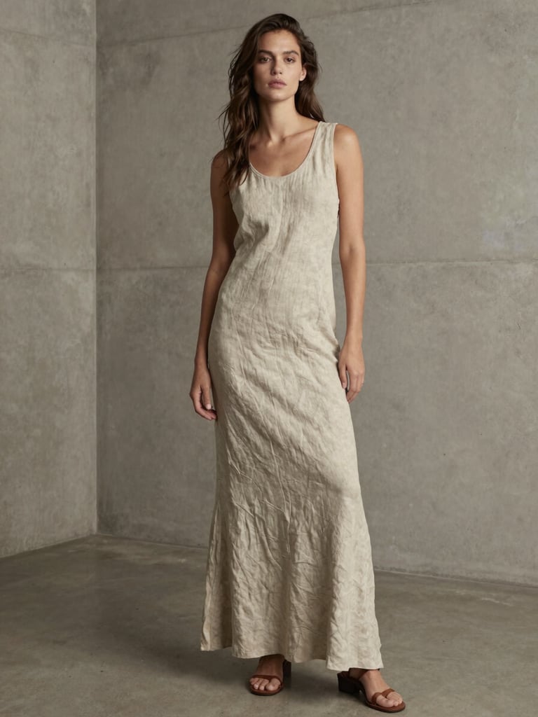 Full-length fashion photography of Camila posing in an avant-garde linen dress, soft natural light, minimalist concrete interior, muted neutral tones