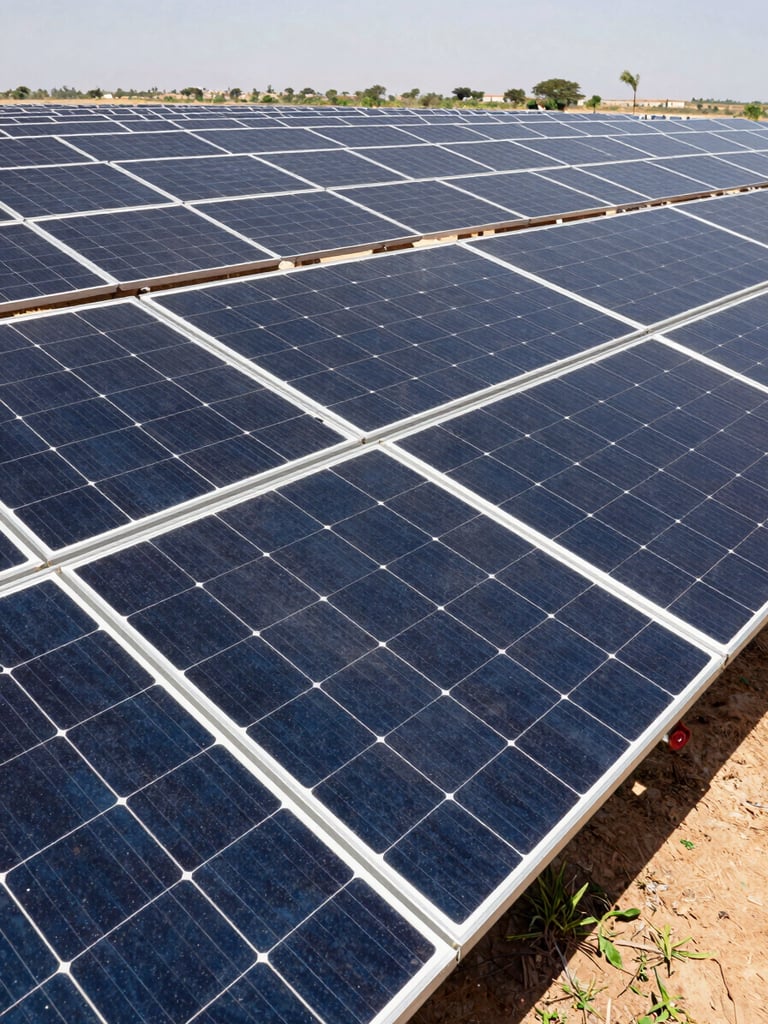 Dynamic low-angle shot of a newly installed industrial solar array under intense African sunlight, clean geometric lines, high-contrast daylight.